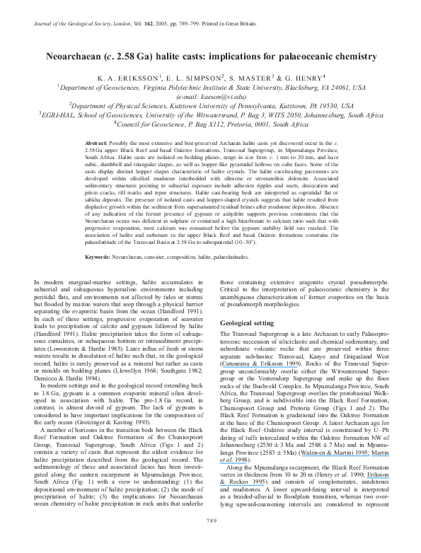 First page of “Neoarchaean (c. 2.58 Ga) halite casts: implications for palaeoceanic chemistry”