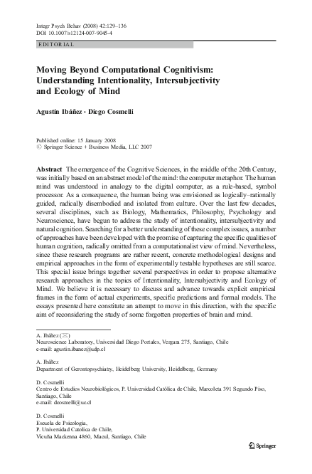 First page of “Moving Beyond Computational Cognitivism: Understanding Intentionality, Intersubjectivity and Ecology of Mind”