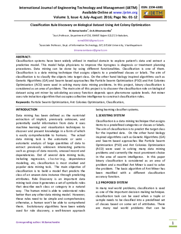 First page of “Classification Rule Discovery on Biological Dataset Using Ant Colony Optimization”