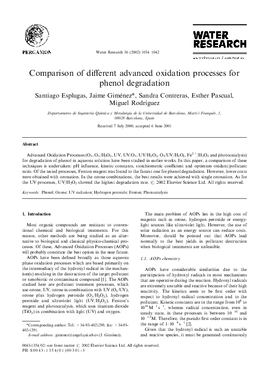 First page of “Comparison of Different Advanced Oxidation Processes Involving Ozone to Eliminate Atrazine”