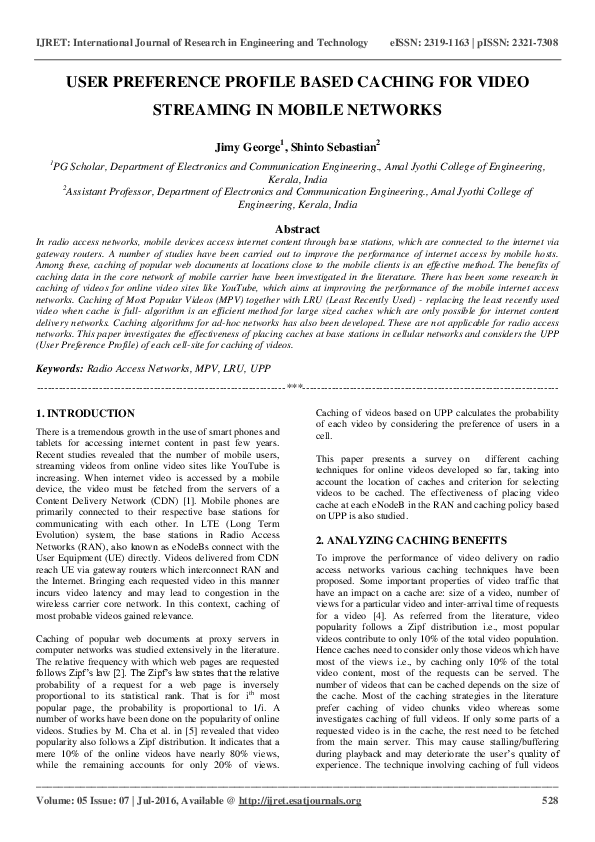 First page of “USER PREFERENCE PROFILE BASED CACHING FOR VIDEO STREAMING IN MOBILE NETWORKS”