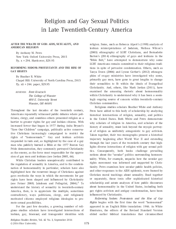 First page of “Religion and Gay Sexual Politics in Late Twentieth-Century America”