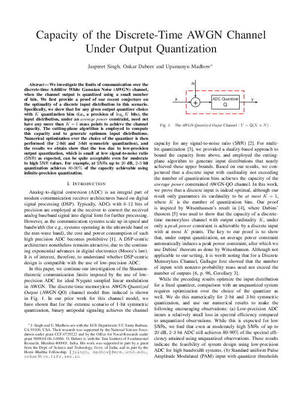 First page of “Capacity of the Discrete-Time AWGN Channel Under Output Quantization”