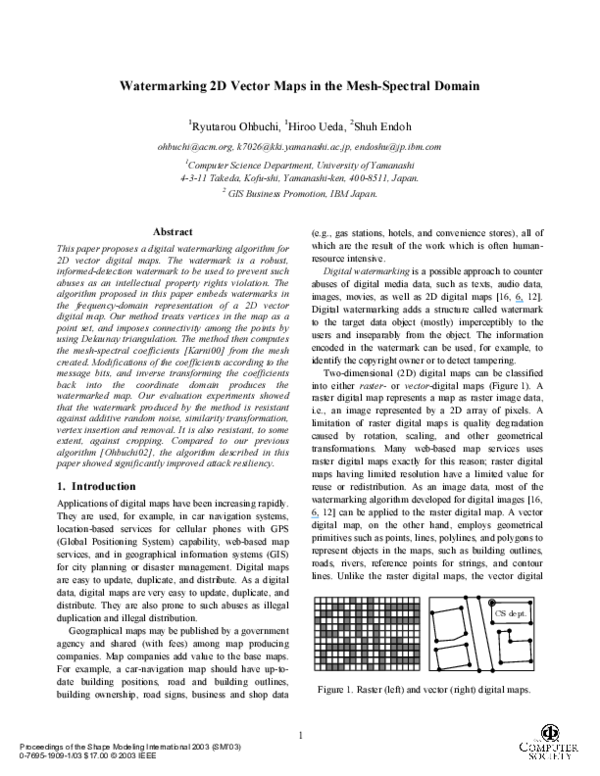 First page of “Watermarking 2D Vector Maps in the Mesh-Spectral Domain”