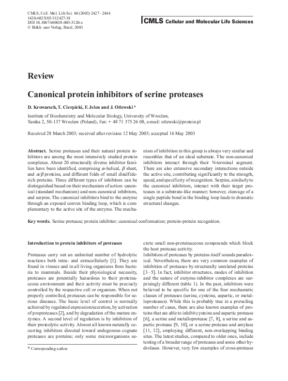 First page of “Canonical protein inhibitors of serine proteases”