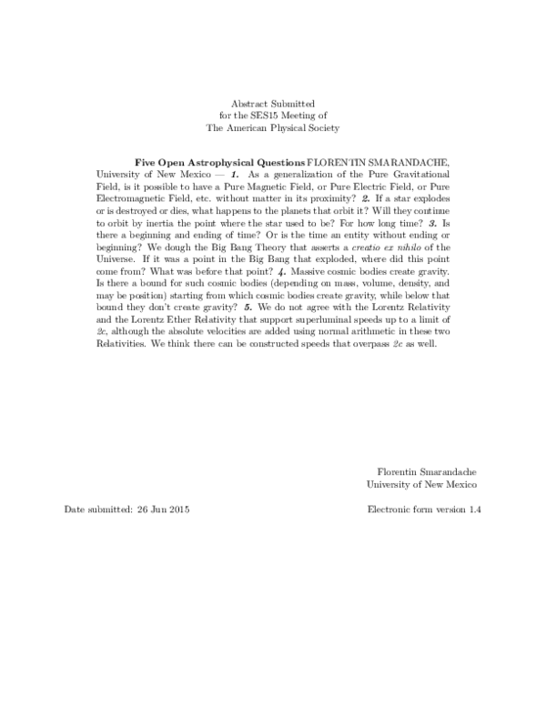 First page of “Five Open Astrophysical Questions (abstract)”