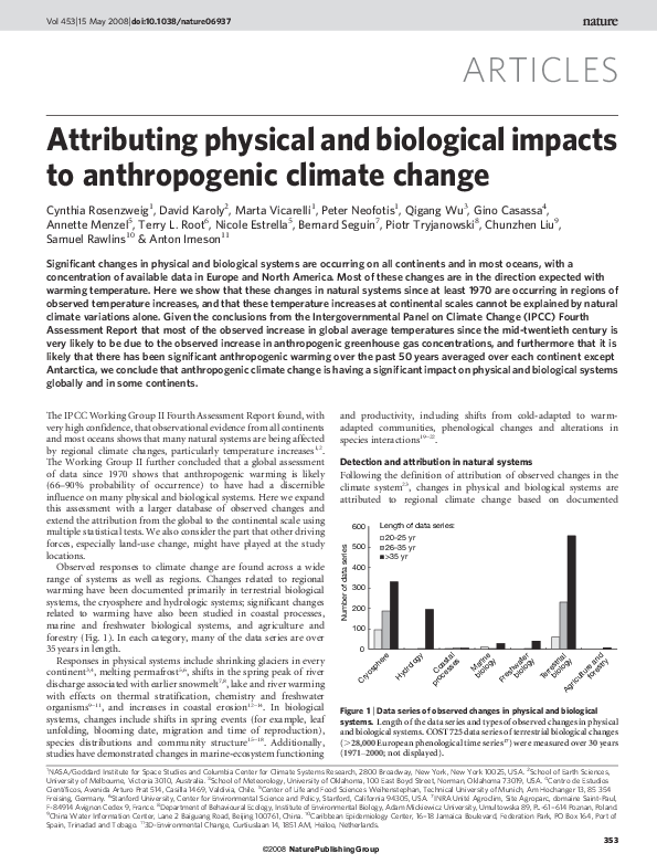 First page of “Attributing physical and biological impacts to anthropogenic climate change”