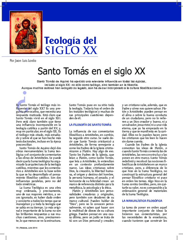 First page of “Santo Tomás en s. XX, Palabra Julio (2014) 70-72”