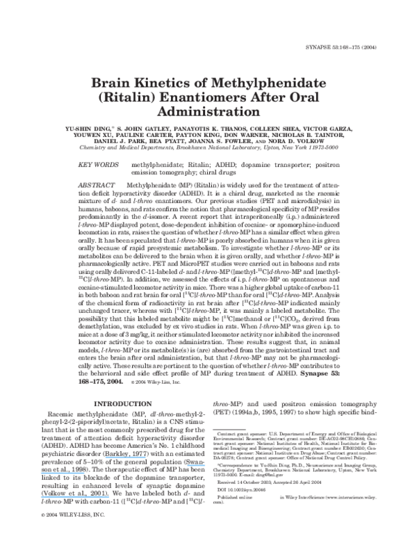 First page of “Brain kinetics of methylphenidate (Ritalin) enantiomers after oral administration”