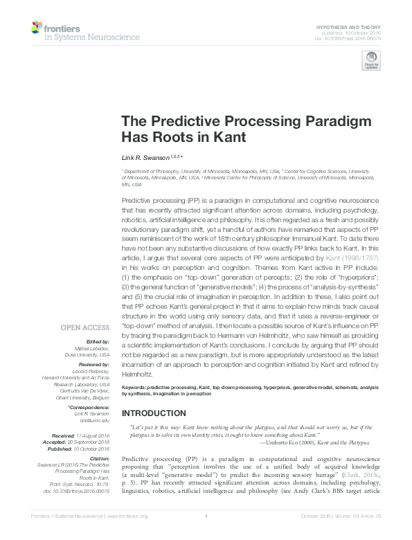 First page of “The Predictive Processing Paradigm Has Roots in Kant”