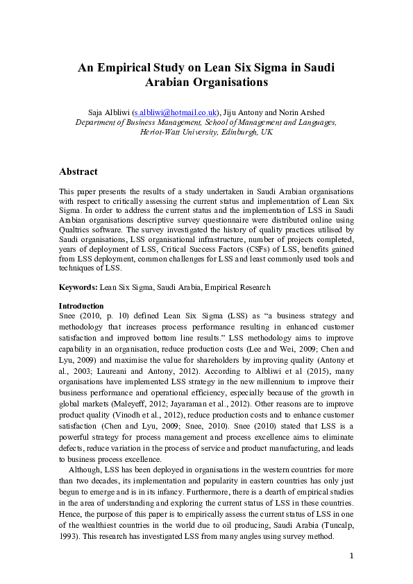 First page of “An Empirical Study on Lean Six Sigma in Saudi Arabian Organisations”