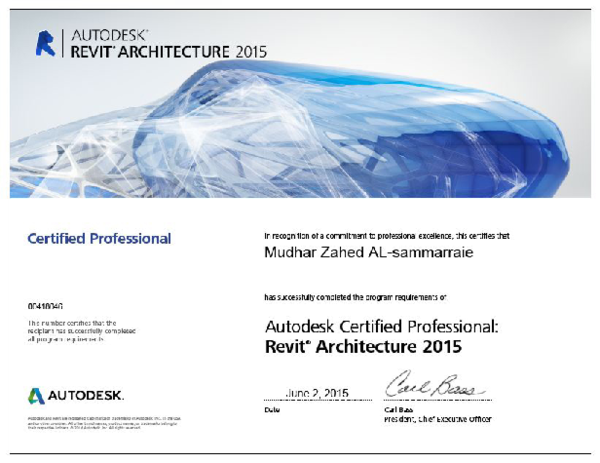 First page of “Autodesk Revit Architecture 2015 Certified Professional-Certificate”