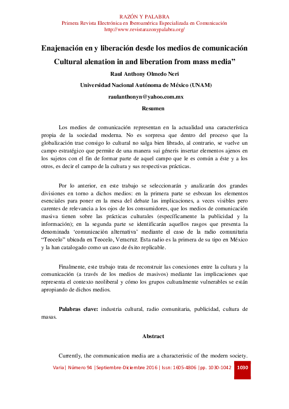 First page of “Enajenación en y liberación desde los medios de comunicación”