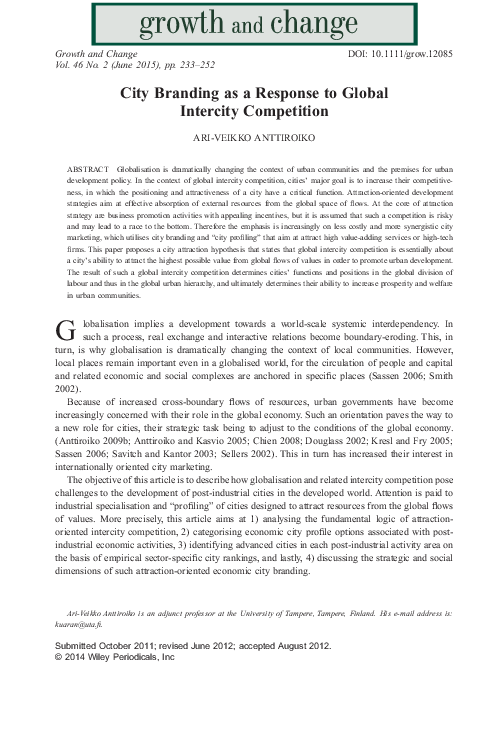 First page of “City Branding as a Response to Global Intercity Competition”