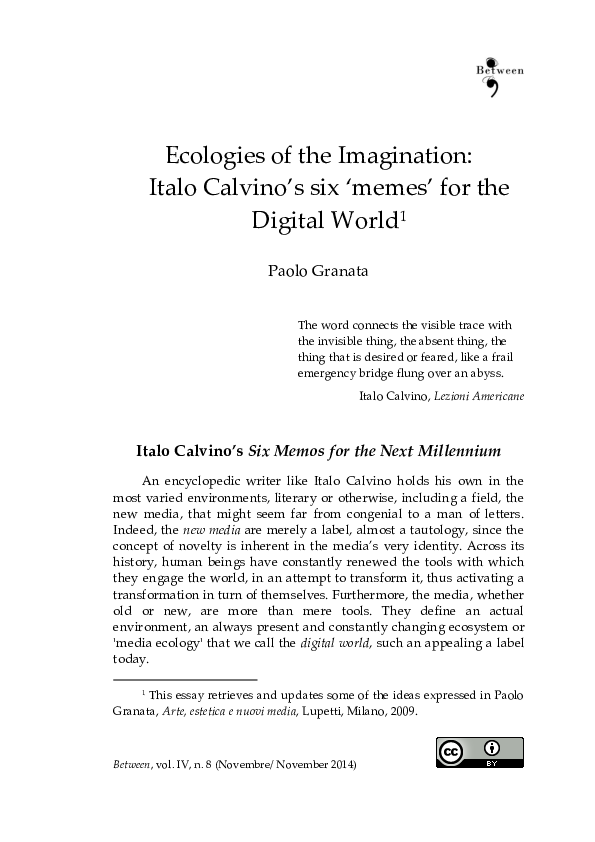 First page of “Ecologies of the Imagination: Six 'Memes' for the Digital World”