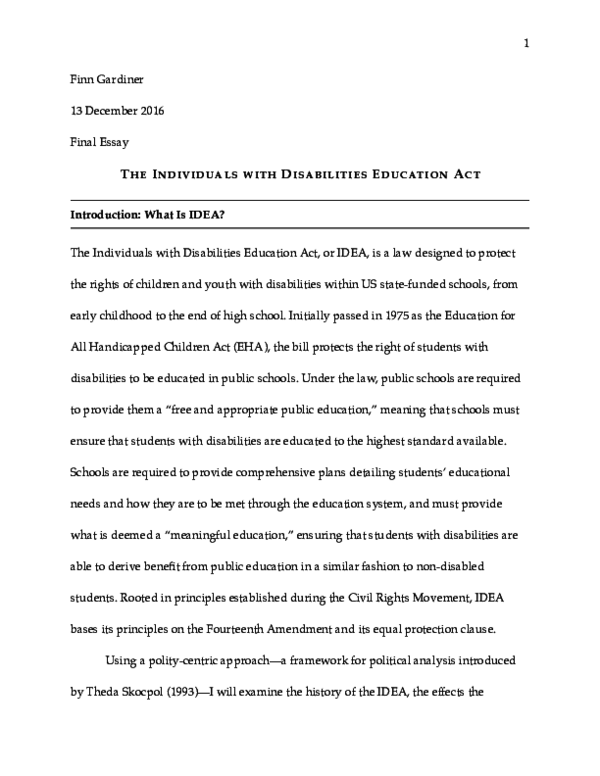 First page of “The Individuals with Disabilities Education Act: A Polity-Centric Approach”