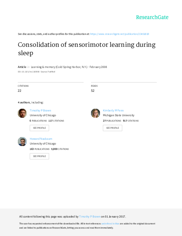 First page of “Consolidation of sensorimotor learning during sleep”