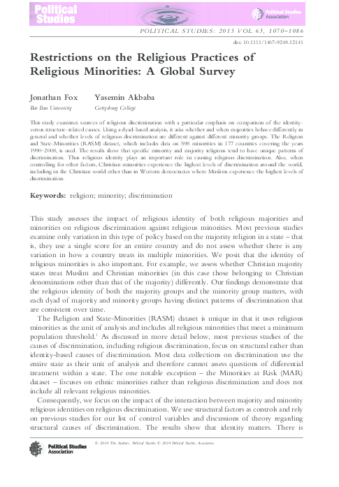 First page of “Restrictions on the Religious Practices of Religious Minorities: A Global Survey”