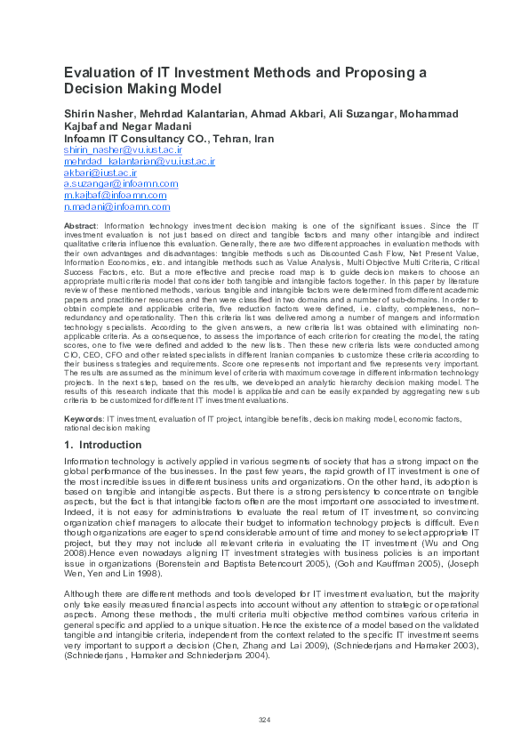 First page of “Evaluation of IT Investment Methods and Proposing a Decision Making Model”