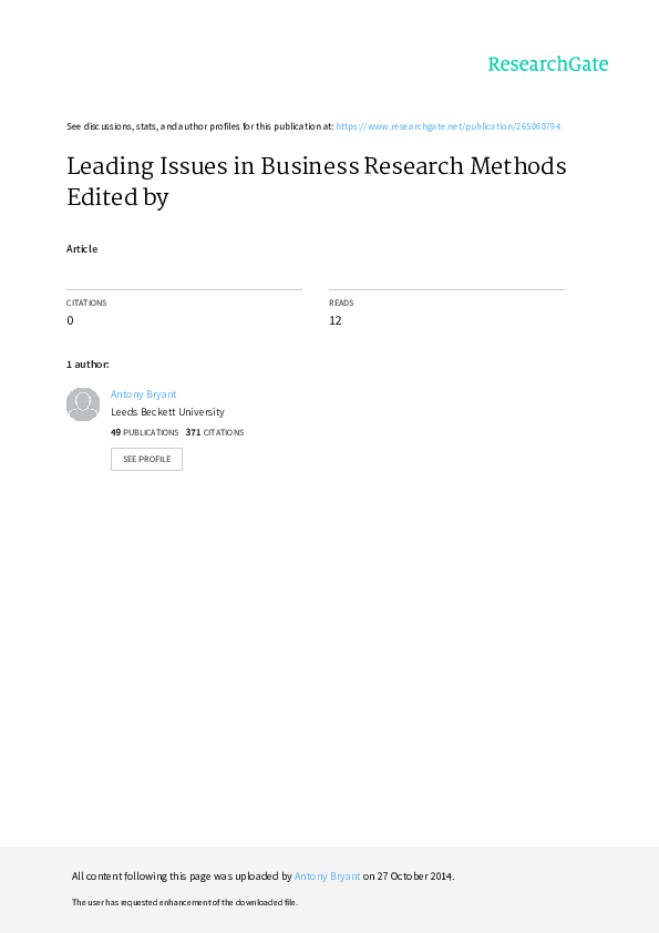 First page of “Leading Issues in Business Research Methods Edited by”