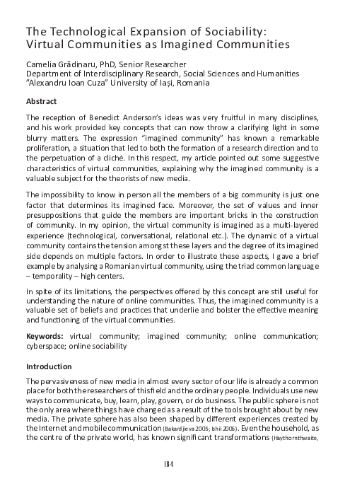 First page of “The Technological Expansion of Sociability: Virtual Communities as Imagined Communities”