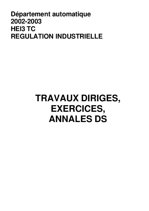 First page of “Département automatique 2002-2003 HEI3 TC REGULATION INDUSTRIELLE”