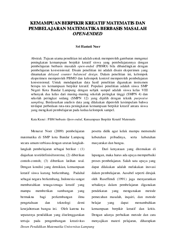 First page of “KEMAMPUAN BERPIKIR KREATIF MATEMATIS DAN PEMBELAJARAN MATEMATIKA BERBASIS MASALAH OPEN-ENDED”