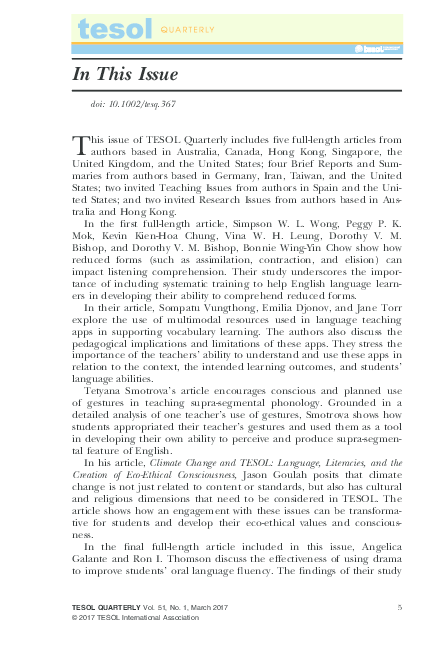 First page of “In this issue... TESOL Quarterly 51.1”