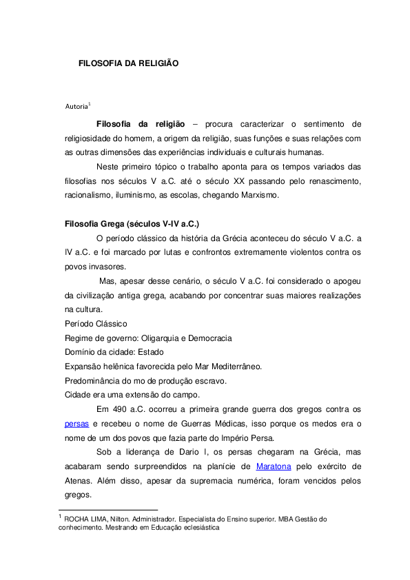 First page of “FILOSOFIA DA RELIGIÃO”