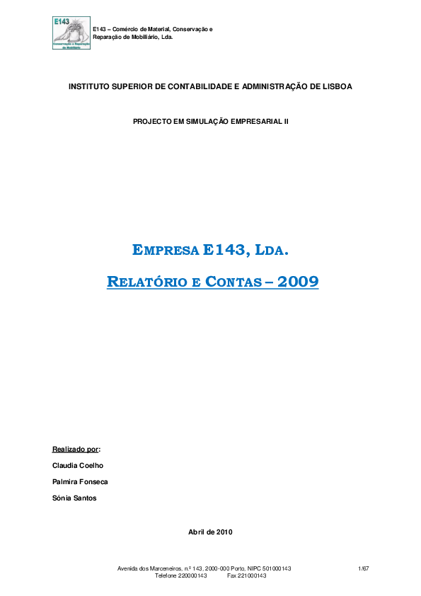 First page of “Empresa E143, Lda. - Relatório e Contas de 2009”