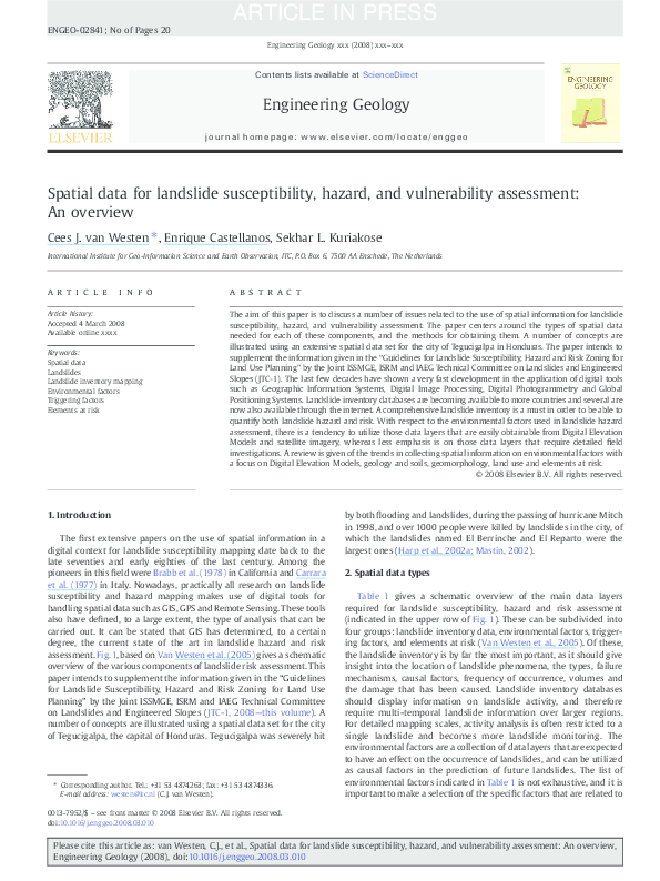 First page of “Spatial data for landslide susceptibility, hazard, and vulnerability assessment: An overview”