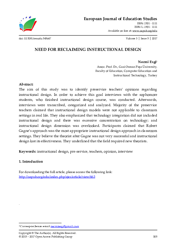 First page of “NEED FOR RECLAIMING INSTRUCTIONAL DESIGN”