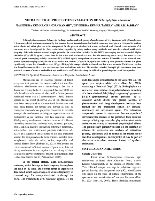 First page of “NUTRACEUTICAL PROPERTIES EVALUATION OF Schizophyllum commune”