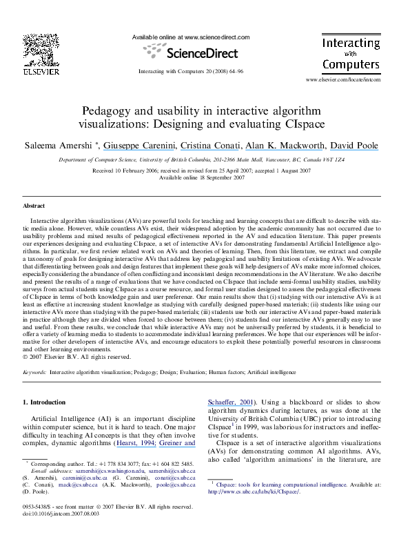 First page of “Pedagogy and usability in interactive algorithm visualizations: Designing and evaluating CIspace”