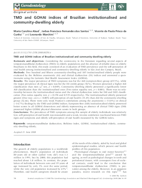 First page of “TMD and GOHAI indices of Brazilian institutionalised and community-dwelling elderly”