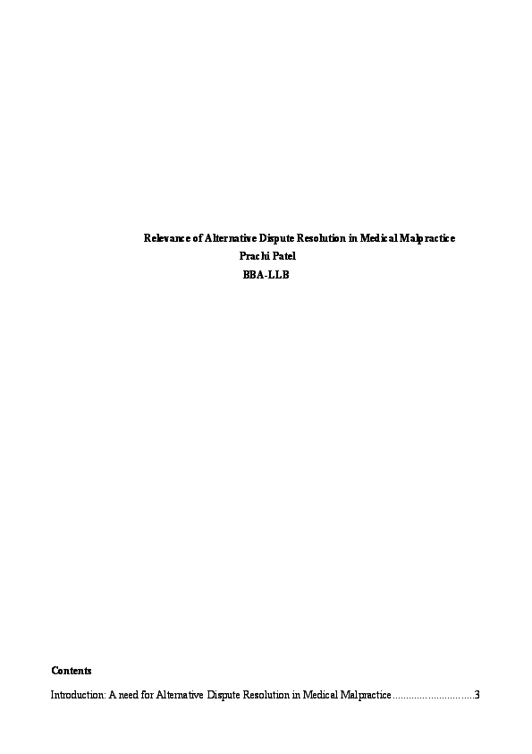 First page of “Relevance of Alternative Dispute Resolution in Medical Malpractice”