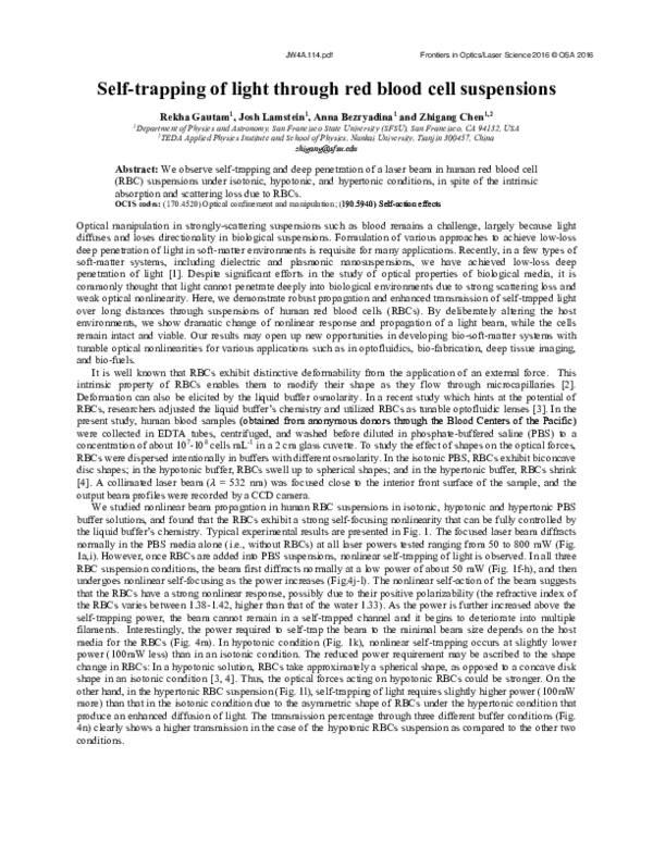 First page of “Self-trapping of light through red blood cell suspensions”