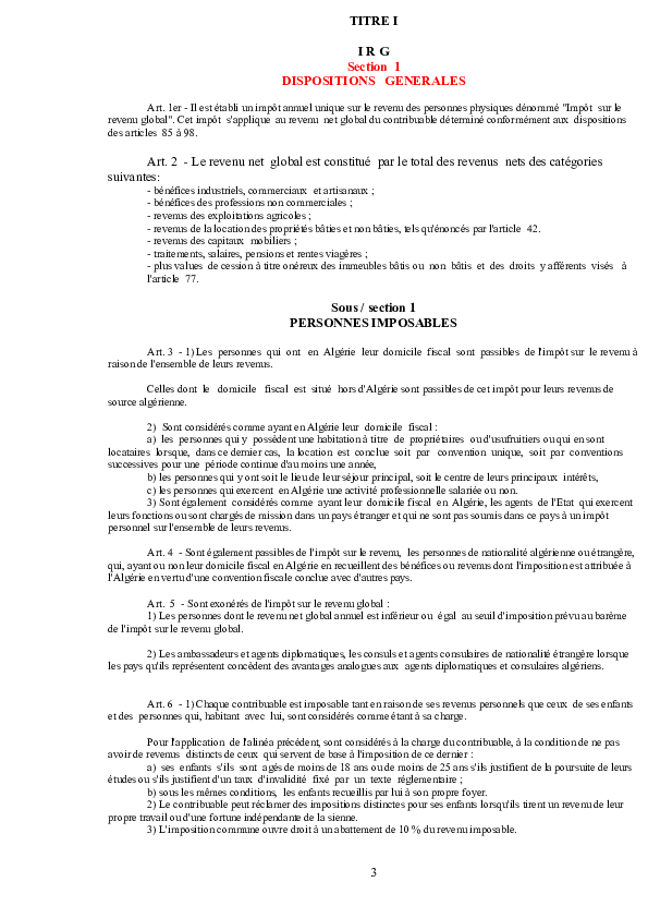 First page of “TITRE I I R G Section 1 DISPOSITIONS GENERALES”