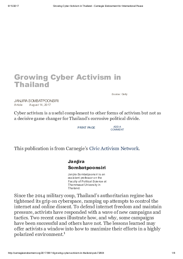 First page of “Growing Cyber Activism in Thailand - Carnegie Endowment for International Peace.pdf”