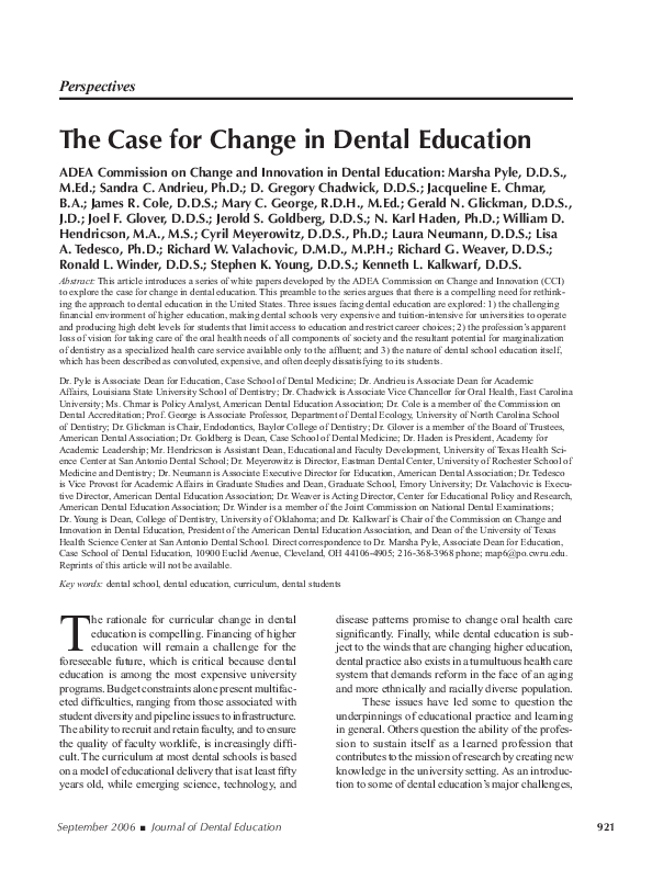 First page of “The case for change in dental education”