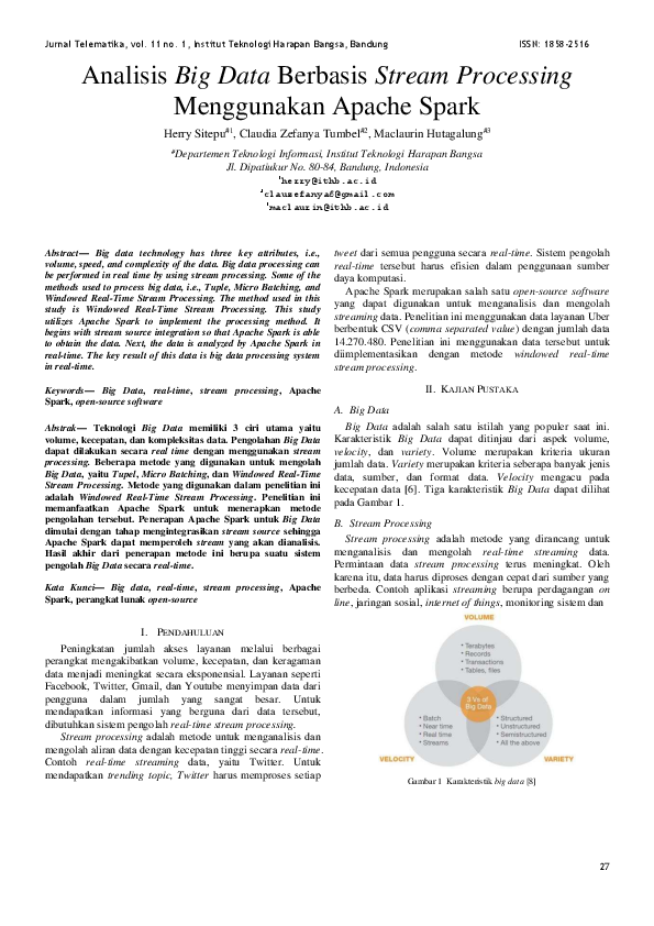 First page of “Analisis Big Data Berbasis Stream Processing Menggunakan Apache Spark”