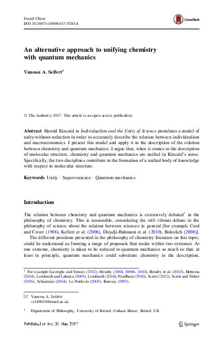 First page of “An alternative approach to unifying chemistry with quantum mechanics”