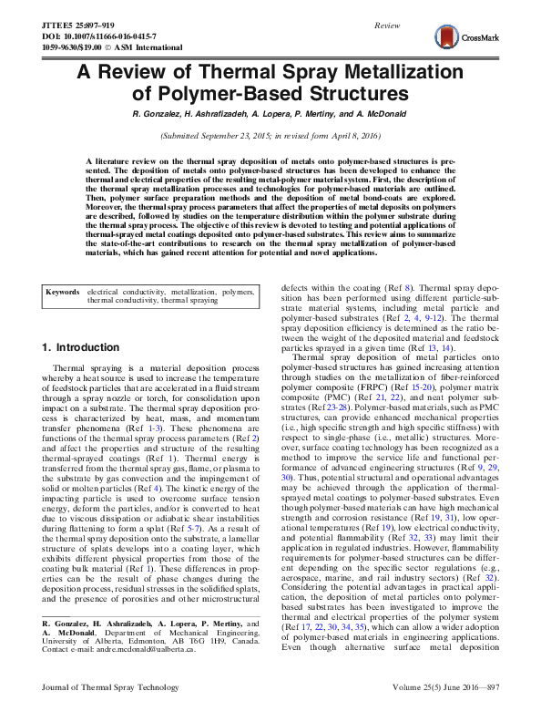 First page of “A Review of Thermal Spray Metallization of Polymer-Based Structures”