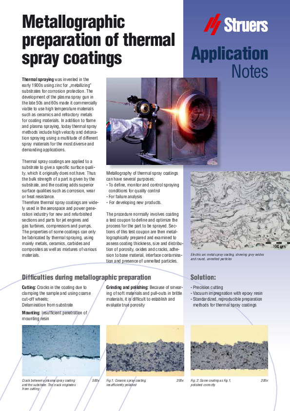 First page of “Application Notes Metallographic preparation of thermal spray coatings”