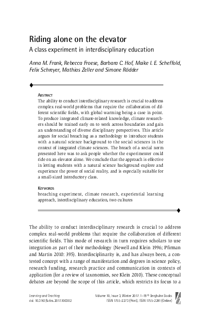 First page of “Riding alone on the elevator A class experiment in interdisciplinary education”