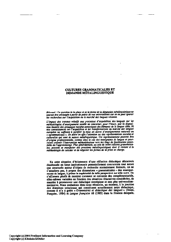 First page of “Cultures grammaticales et demande métalinguistique”