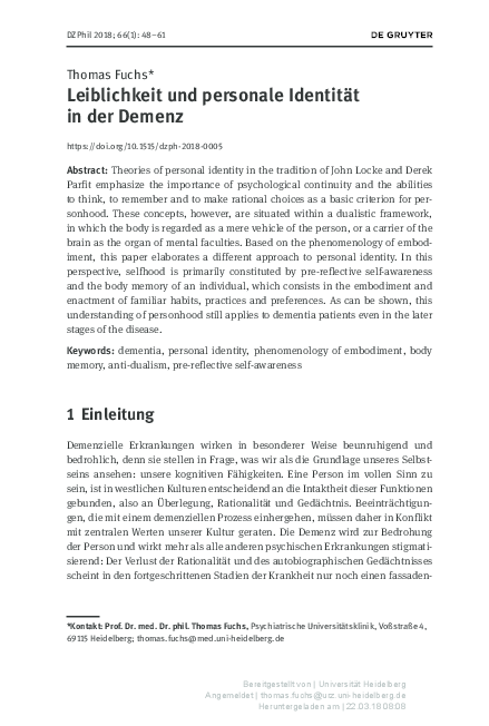 First page of “Leiblichkeit und personale Identität in der Demenz”