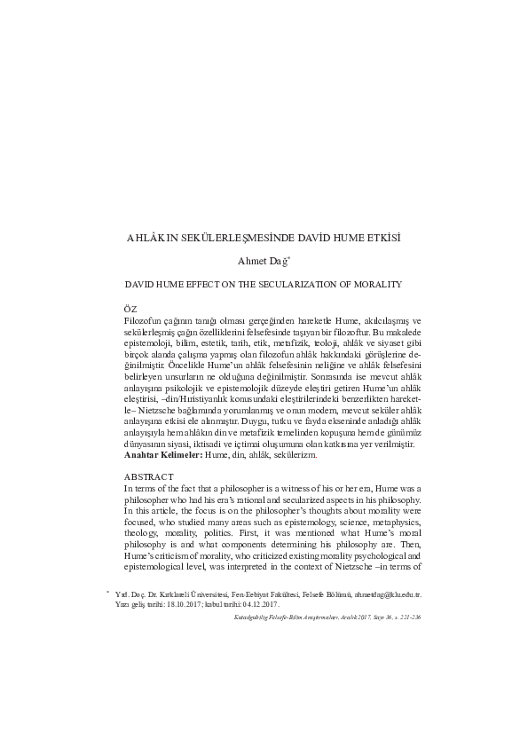 First page of “AHLÂKIN SEKÜLERLEŞMESİNDE DAVİD HUME ETKİSİ”