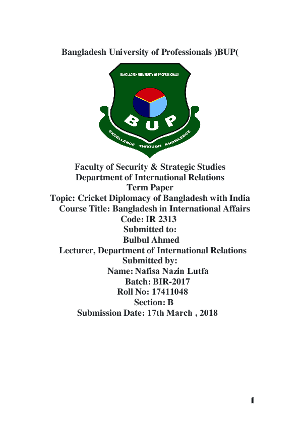 First page of “Cricket Diplomacy and Bangladesh.docx”