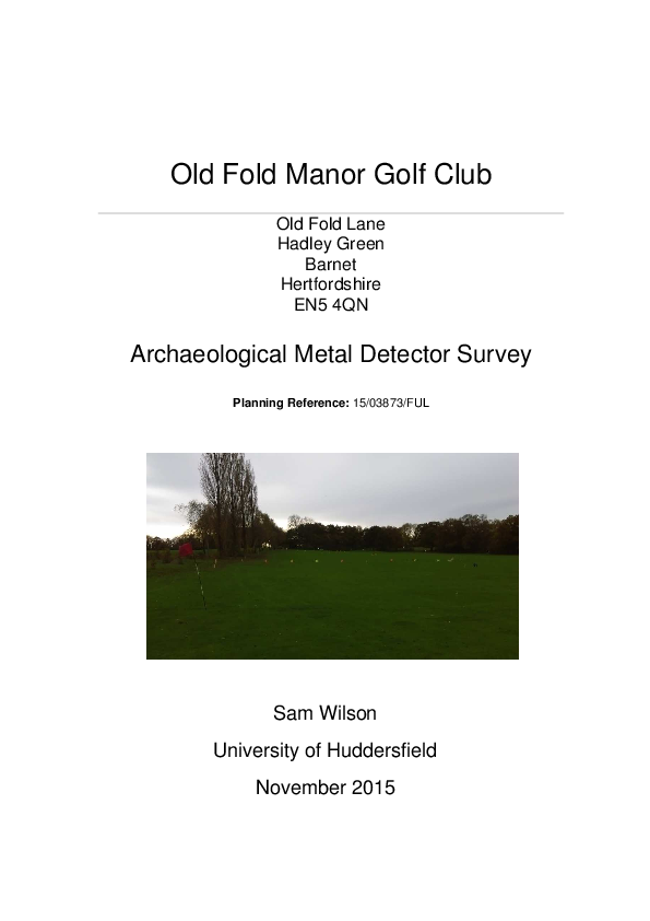 First page of “Old Fold Manor Golf Club Archaeological Metal Detector Survey”